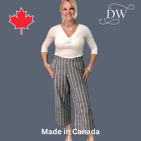 Wide Leg Pants | Grey/Cream Stripe Linen - Picture 1 of 7